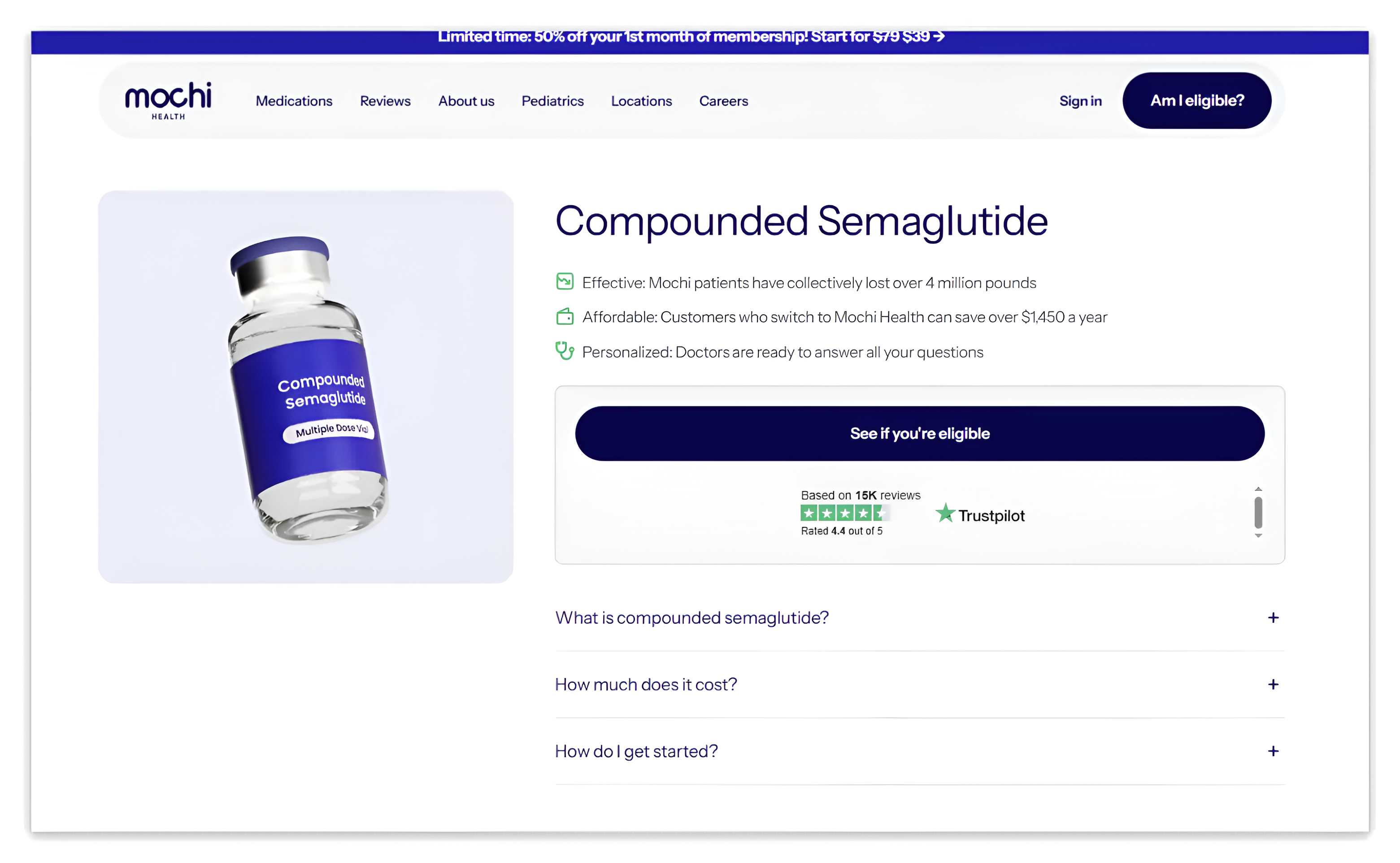 product detail page of mochi health login